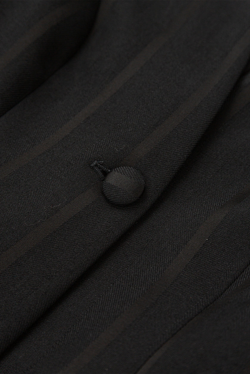Close-up of a black coat with a button detail