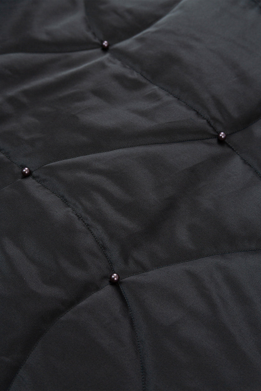 Close-up of a black quilted jacket with button details